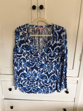 Women’s Blue Patterned V-Neck Long Sleeve Top